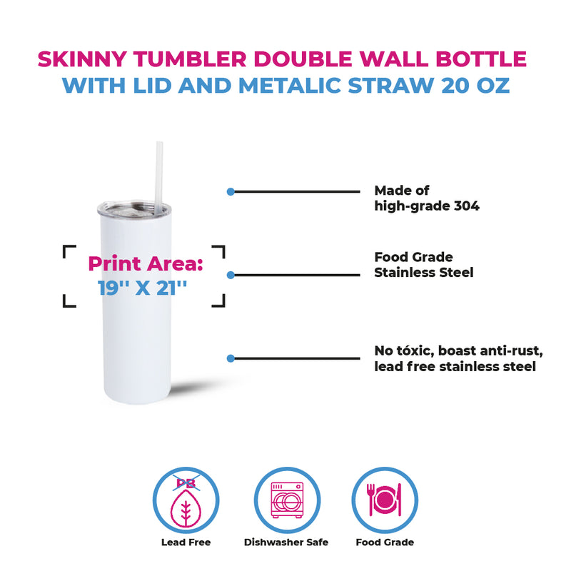 Skinny Tumbler Double Wall Bottle With Lid and metalic straw 20 Oz.