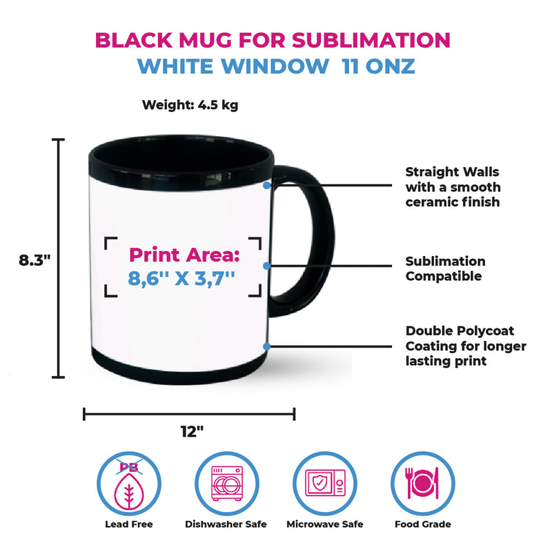 Black  mug for sublimation w/white window 11 oz - By Box of 12 and 36