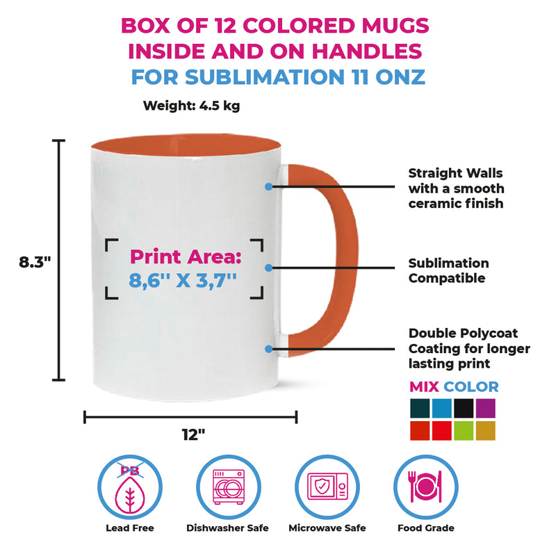 Box of 12 colored mugs inside and on handles for sublimation 11 oz SP