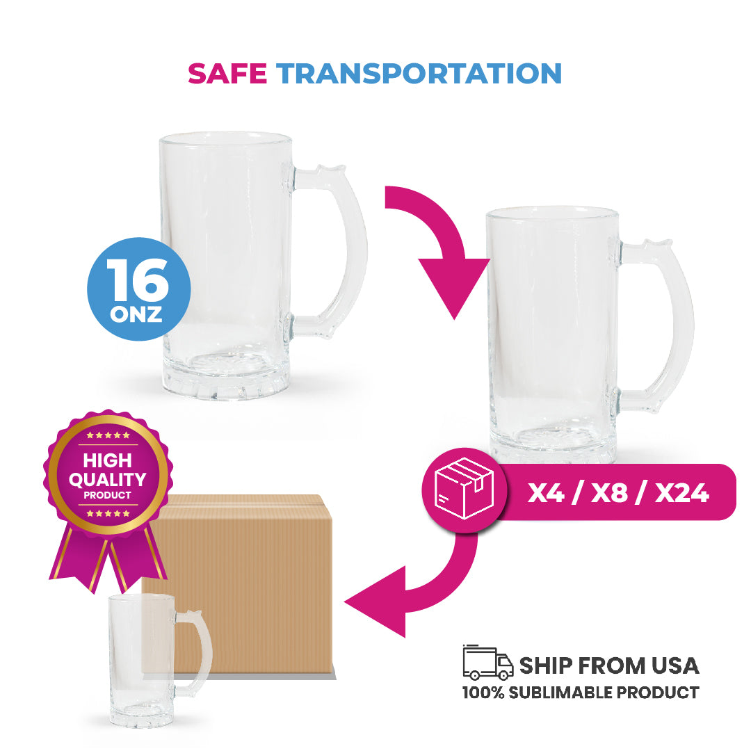Clear Beer Mugs for Sublimation 16 oz  Add your Photo Text or Graphic Design on Personalize Beer Mug. (Box of 4, 8 and 24 units)