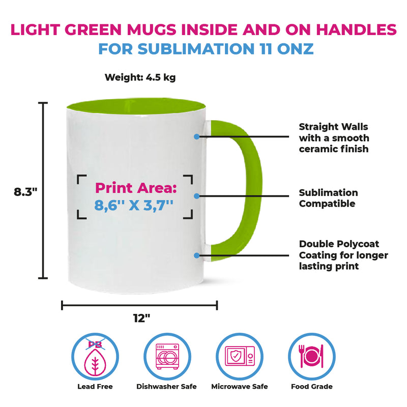 Light green mugs inside and on handles for sublimation 11 oz (box of 12 and 36 units)