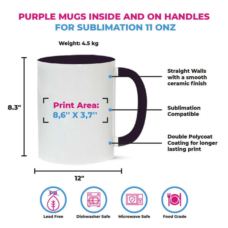 Purple mugs inside and on handles for sublimation 11 oz (box of 12 and 36 units)