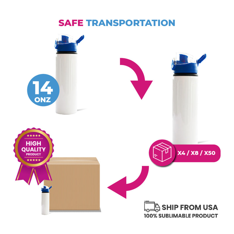 Garage Sale White sports bottle with blue cap for sublimation 14 oz (box of 4, 8 and 50 units)