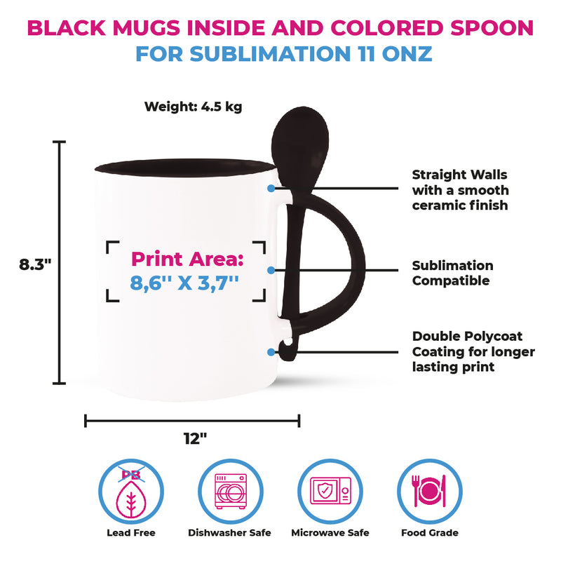 Garage Sale Black mugs inside and colored spoon for sublimation 11 oz (box of 12 and 36 units)