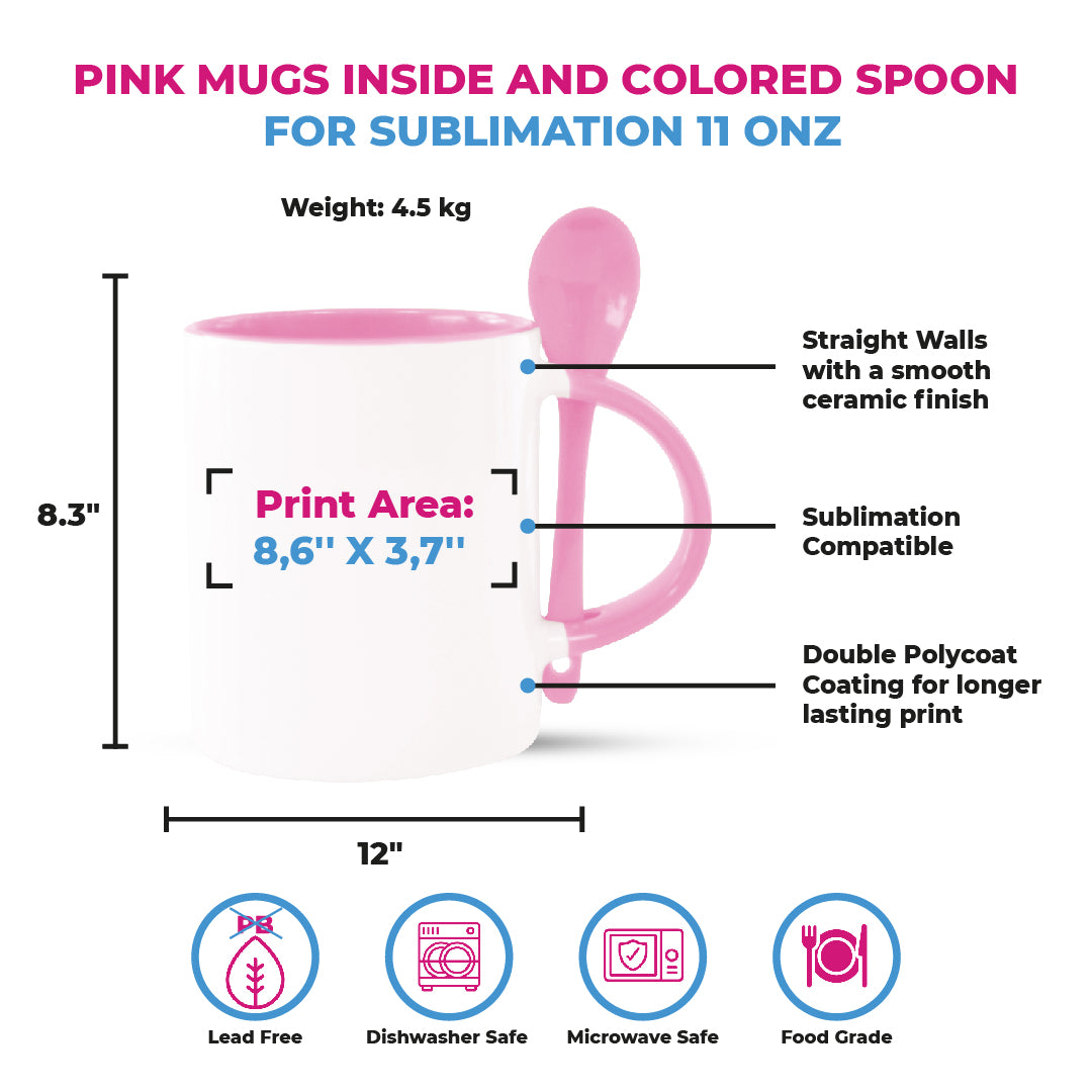 Garage Sale Pink mugs inside and colored spoon for sublimation 11 oz (box of 12 and 36 units)